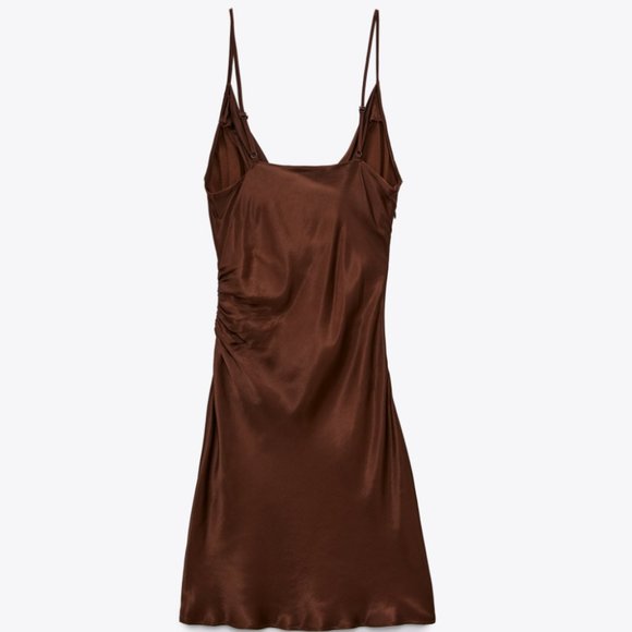 ZARA CHOCOLATE BROWN V NECK BROWN SATIN EFFECT SIDE GATHERED WRAP DRESS $49.90 - Picture 5 of 9